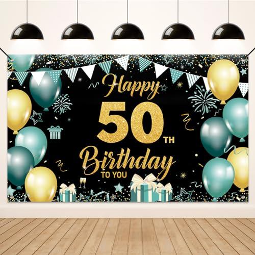 Koliphy 50. Geburtstagsdeko, 50. Happy Birthday Banner für Mann Frau, Grün Gold Stoff 50 Geburtstagsbanner Hintergrund Party Dekoration Drinnen und Draußen