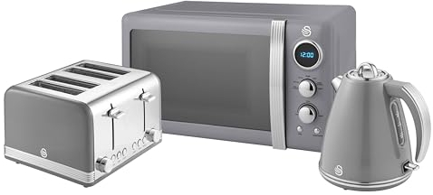 Swan Retro Kitchen Set, 1.5L Fast Boil Kettle & 4 Slice Toaster & 20L Digital Microwave, Grey, SK19020GRN, ST19020GRN, SM22030LGRN