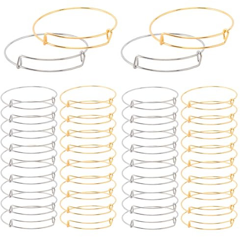 SOFPLATE 40 Stück goldfarbene, dehnbare Armreifen, verstellbare Draht-Armreife, Eisen, hypoallergen, dünn, rund, silberfarben, blanko, Armreifen für Schmuckherstellung, Zubehör, DIY, Handwerk,