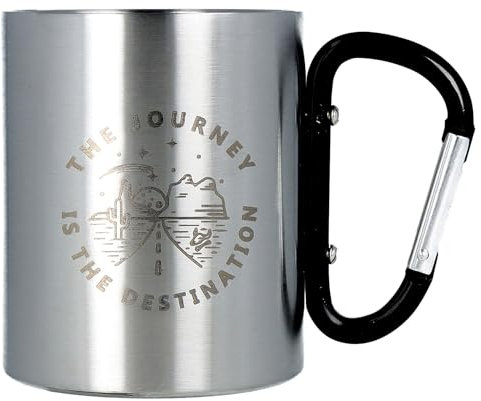 Spruchreif | Doppelwandige Edelstahltasse mit Karabinerhaken und hochwertiger Gravur | Outdoor Gadgets | Geschenk Camping | Campen | „The Journey…“ - 300 ml