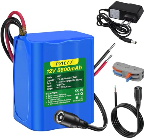 Mspalocell 12V 5600mAh Batteria agli ioni di litio con caricabatterie e cavo di collegamento per radio, macchine fotografiche, videocamere, organo elettronico, lampada, telescopi, sonar