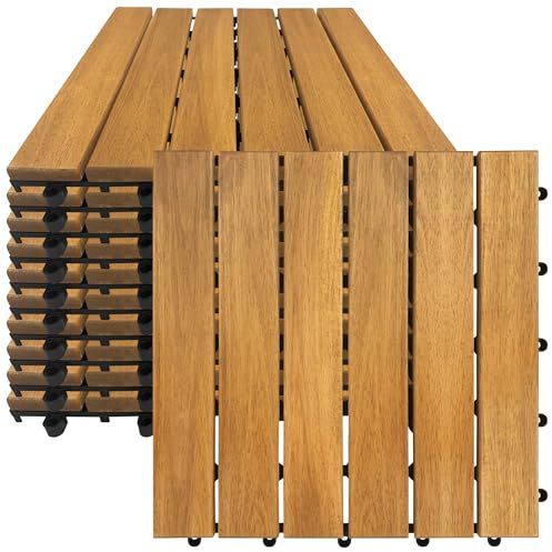 PEILU Baldosas de Madera de Acacia para Terraza 30x30cm Losetas Placas con Red de Drenaje de Plástico Resistentes a Intemperie Juego de 11 Revestimientos para Suelo de 1m² Exterior Balcón (Tipo A)