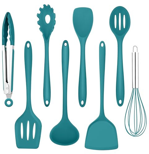 Homikit Küchenhelfer Set, 8-Teiliges Silikon Küchenutensilien Kochbesteck Set mit Pfannenwender, Hitzebeständiger Kochutensilien Kochgeschirr zum Kochen, Gesund & Antihaft, Spülmaschinenfest, Blau