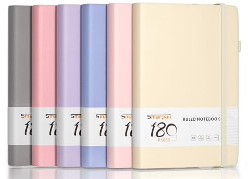 Smarpau A5 Lined Notebooks Multipack, 6 Pack Journals Notebook with Thick Lined Paper, Eack 180 Pages, Leather Note Book for Women Men Work School Office, 14.5 x 21 cm - Morandi Colours