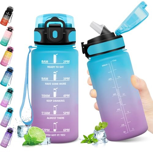 KollyKolla Trinkflasche Kinder 500ml, Große Trinkflasche Sport mit Strohhalm, Wasserflasche Auslaufsicher, Trinkflasche Kohlensäure Geeignet, Trinkflasche mit Zeitmarkierungen, flasche für Erwachsener