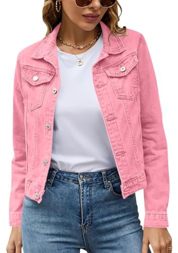 shownicer Veste en Jean Femme à Manches Longues Veste Col Revers avec Poches Automne Hiver Veste Courte Femme Manteau en Jean Décontracté A Rose M