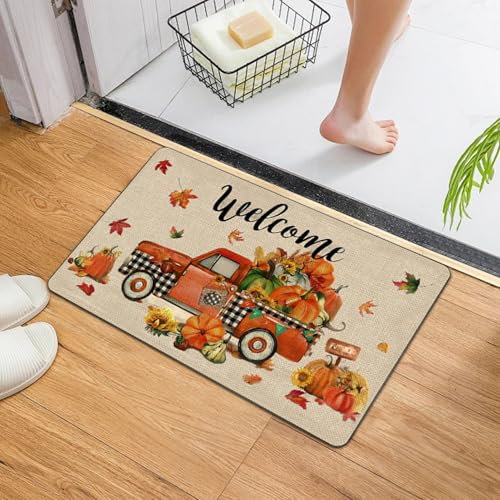Herbst Deko Fußmatte, Herbst Dekoration Fußmatte mit Fall | Kürbis Deko, Herbstdeko Fußmatte Willkommensmatte Für Innen| Außen, Bunt Teppich Rutschfeste Für Küche, Schlafzimmer, Wohnzimmer (Kürbis)