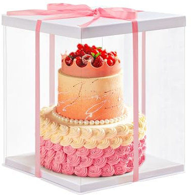 Warmiehomy Clear Cake Box, 30x30x35CM for 10 Inch Tall Cake Box, Transparent Cake gift Boxes with Lid & Ribbon, Plastic Cube Cake Gift Packaging Boxes for Birthday Wedding Christmas Party