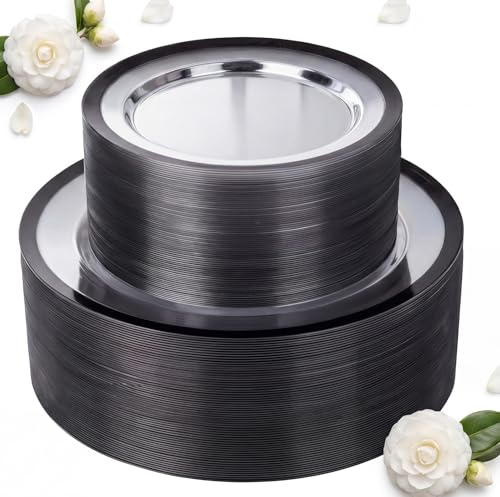 supernal Elegant Disposable Plates, 120-Pack Black Plastic Plates, Clear and Black Heavy Duty BPA-Free Plastic Dinnerware Set for 60 Guests Perfect for Wedding, Upscale Parties & Catering