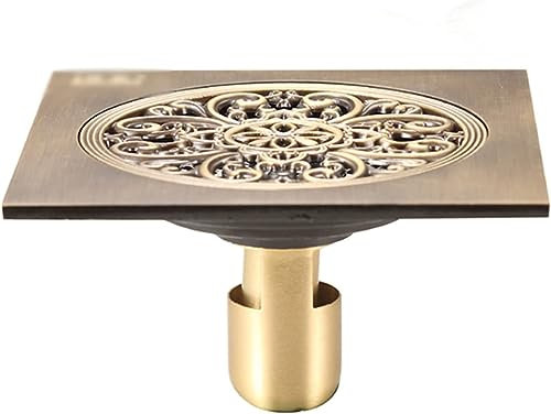 ZOUWZIOU Sink Strainer Plug, Floor Drain Strainer, Floor Drain Cover Antique Brass Square Vintage Art Carved Floor Drain Cover Shower Waste Drainer Bathroom 15 X 15cm