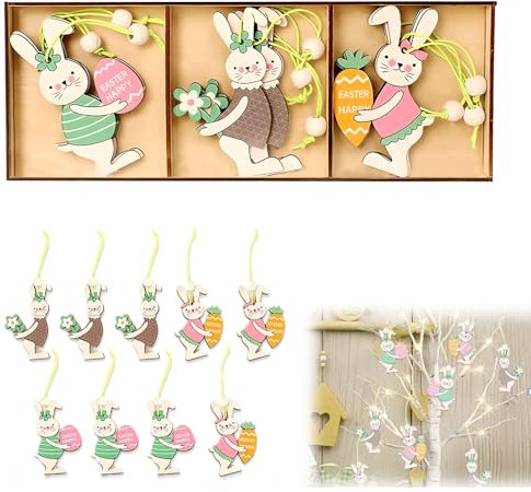 Decorazioni Addobbi Pasquali - Coniglietti Pasquali in Legno di Alta Qualità, Set da 9 per Pasqua Decorazioni, Addobbi Pasquali Ciondolo in Legno per Pasqua Decorazioni casa,Ciondoli Pasquali in Legno