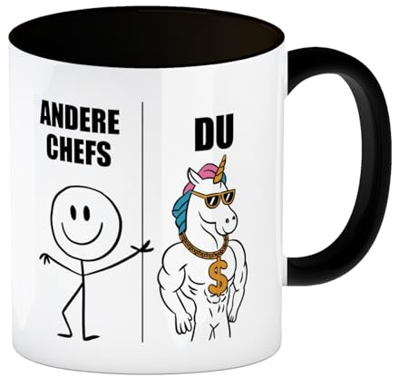 speecheese Cooles Chef-Einhorn mit Dollarzeichen Kaffeebecher in schwarz Humorvolles geteiltes Design Strichfigur Einhorn mit Sonnenbrille und goldener Kette