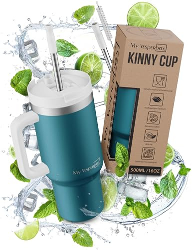 My Vesperbox Kinny Cup Thermobecher mit Strohhalm, Petrol, 500 ml | Edelstahl Trinkbecher mit Henkel & Deckel, 500 ml, doppelwandig isoliert, spülmaschinenfest, BPA-frei, Bürste inklusive