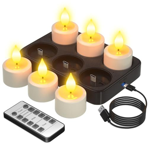 PChero 6er Aufladbare Teelichter mit Ladestation und Timer, LED Teelichter Wiederaufladbar Flackernd Kerzen mit Fernbedienung Timerfunktion, Perfekt für Home Halloween Kürbis Weihnachten Party Deko