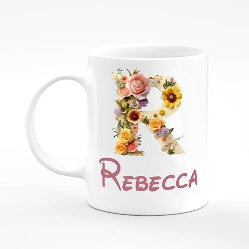 Amelia Gould Apparel Rebecca Flower Letter Design Mug Gift 11oz Ceramic Coffee Tea Cup Alphabet