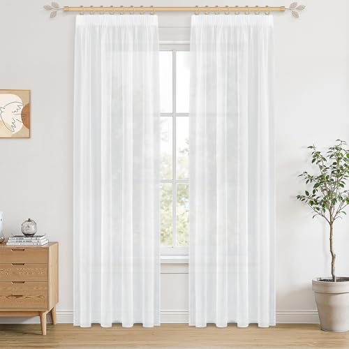 CUTEWIND Gardinen Transparent 2 Stück 230cm hoch und Vorhänge Weiß mit Kräuselband für Schiene 140cm breit Gardine Landhausstil Kinderzimmer Vorhang Weiss Halbtransparent 2er Set