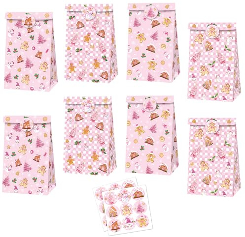 MORAINJAY 12 Weihnachtstüten zum Befüllen, kleine Weihnachtstüten | Rosa Papiertüten mit Aufklebern für Weihnachtsgeschenke, Geschenktüten zum Verpacken, 22 x 12 x 8 cm