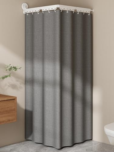 Barre Tringle Rideau Douche Angle Extensible Reglable Pliable Sans Percage avec Double Ventouse et Rideau de Douche en Lin Anti Moisissure Lavable en Machine(D-Dark gray,197 cm/77.6 in)