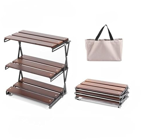 ‌Outdoor Camping Folding Storage Table and Shelving Unit - Portable 3-Tier Organizer w/Reinforced Beechwood Top & Steel Frame (34.5x17x29.5cm), with Carry Bag, 3-in-1 for Kitchen, Home, Tailgate