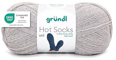 Gründl Wolle Hot Socks uni 100 4-fach 1 Knäuel 100 g, kieselgrau | für 1 Paar Socken - Sockengarn - Weich und hautfreundlich - 75% Schurwolle, 25% Polyamid - 100 g / 420 m - Nadelstärke 2,5-3
