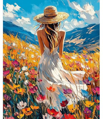 NEWENMO Hermosa Mujer Pintar por Numeros Adultos,Coloridas Flores Pintura por Numeros Kit,DIY Paisaje Paint by Numbers Kits,con Pinceles y Pigmento Acrílico,para Principiantes Hogar Decor 40x50cm