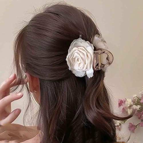 Cybche Boho Gran Flor De Pelo Garras Clips De Tela Blanca Rosa Pinza De Pelo Grueso Pelos Antideslizante Fuerte Sujeción Pinza De Garra Acrílico Lindo Gran Garra Floral Hairs Clips Accesorios Para