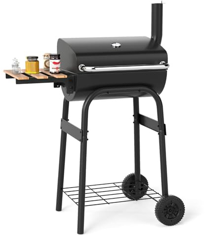 FANTASK Holzkohlegrill Grillwagen, Holzkohlegrills mit klappbarem Seitentisch, Thermostat, Deckel, Ablagefach, Griff & 2 Rädern, Holzkohle Grill für Garten Party Camping, 84,5 x 49 x 110,5 cm, Schwarz