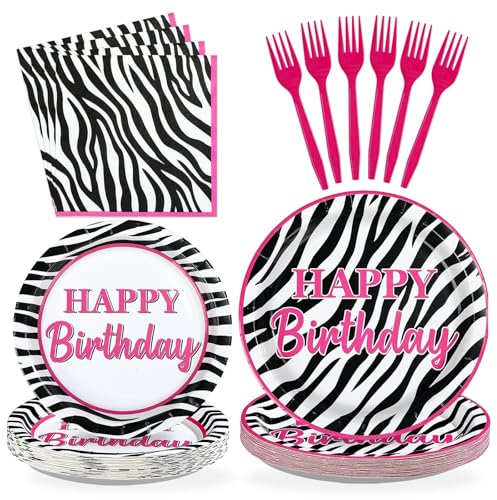 Greencian 96Pcs Hot Pink Zebra Birthday Party Decorations,Serves 24 | Zebra Print Plates and Napkins Safari Jungle Theme Tableware Set for Girls Women Wildlife Animal Birthday Party Decorations