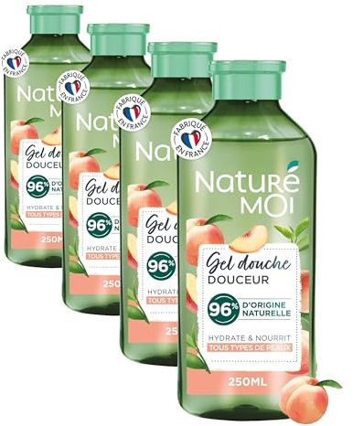 Naturé Moi - Gel Douche Douceur - Hydrate et Nourrit - Tous Types de Peaux - Pêche et Thé Vert - 96% d'Origine Naturelle - Flacon Recyclé - 250 ml - Fabriqué en France (Lot de 4)