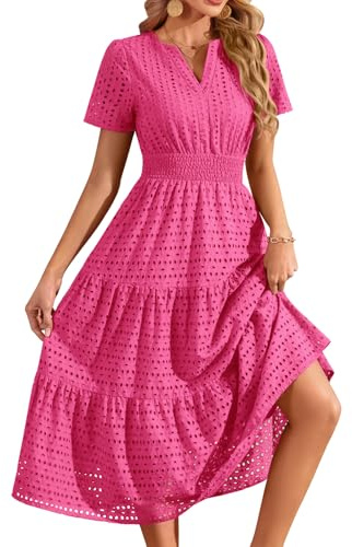 heekpek Robe Ete Femme Longue Coton Boheme Chic Robe à Col en V Taille Haute Crochet Dentelle Ligne A Manches Courtes Robes de Plag