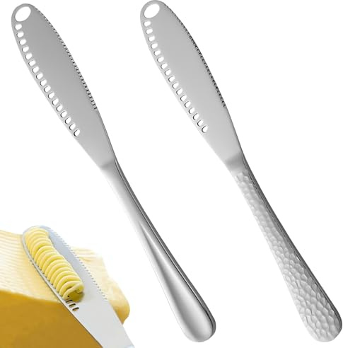 Coltello per Burro Set da 2 Pezzi, Coltello Spalmatore Multifunzione in Acciaio Inox per Burro Freddo, Marmellata e Nutella, Coltello da Tavola con Lama Seghettata per Colazione e Baking