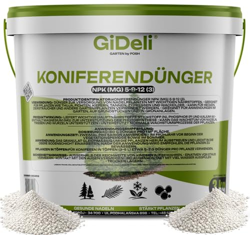 GiDeli Koniferendünger 3 kg im Eimer, Thuja Dünger mit Magnesium | Koniferen Dünger für kleine Gärten, gegen Nadelvergilbung, sattes Grün, gleichmäßiges Streugranulat