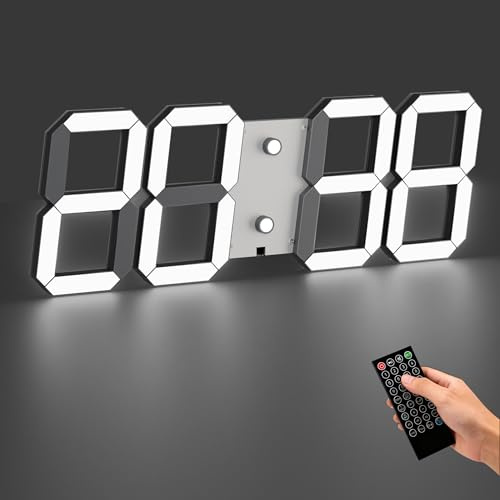 CHKOSDA 44cm Große 3D LED Wanduhr Digital, 50m Lesbarkeit - Weiß | 15cm Ziffern, Fernbedienung, Auto-Dimmer, Timer, Netzbetrieb für Wohnzimmer, Fitness, Garage, Büro, Schule.