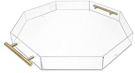 Isaac Jacobs Clear Octagon Acrylic Serving Tray (18x18) with Gold Metal Handles, Spill-Proof, Stackable Organizer, Food & Drinks Server, Lucite Storage (18x18 Octagon, Clear with Gold Handle)