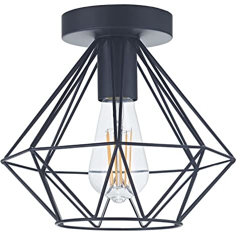 Industrial Basket Cage Designed Matt Black Metal Semi Flush Ceiling Light Fitting | 60w Maximum | 25cm Height | Dimmable by Happy Homewares