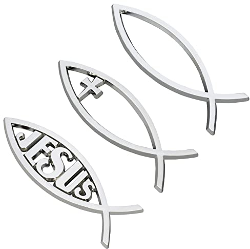 SUPERFINDINGS 3Stk Silber Aufkleber Jesus Christ Fisch Und Kreuz Selbstklebende Metall Optic Decal Abzeichen Emblem 3D Auto Aufkleber Fisch Für Autofenster Laptops Gepäck Kühlschrank, 140x46x6mm