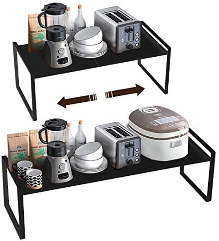 Taotigzu Estantería de Cocina Extensible y Apilable de Metal | Organizador de almacenaje, 36–60 × 21 × 18 cm, Negro, Ideal para cocina, despensa o encimera