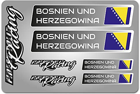 4er Set Aufkleber mit Fahne Flagge und wahlweise Name Sticker für Auto Fahrrad Motorrad Roller Helm im Rallye Racing Design R156 (04 Bosnien und Herzegowina, Ohne Wunschname)