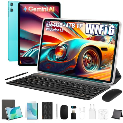 TECLAST P33 Tablet 10 Pollici con 10 Accessori Android 15 Gemini AI, 64GB ROM+4TB TF, WiFi 6, BT 5.4, Octa-Core 2GHz, Widevine L1, GMS, Tastiera+Mouse+Custodia+Supporto+Auricolari, Azzurro lago