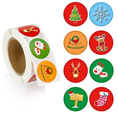 Selbstklebende Weihnachten Aufkleber, Weihnachtliche Rolle 500 Stück Weihnachtsaufkleber Geschenk Sticker Xmas Rund Geschenk Weihnachtsmann Schneemann Elch