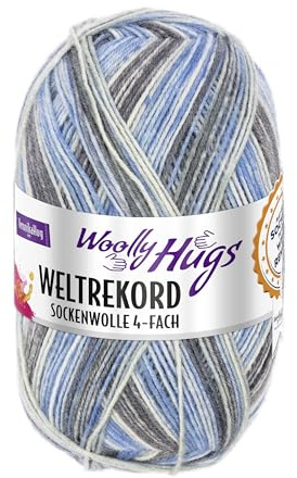 Woolly Hugs Weltrekord Sockenwolle 100g | 75% Schurwolle & 25% Polyamid | 420 m Lauflänge | Strapazierfähiges Sockengarn | Teil des Weltrekord-Strickprojekts (06 | grau/blau)
