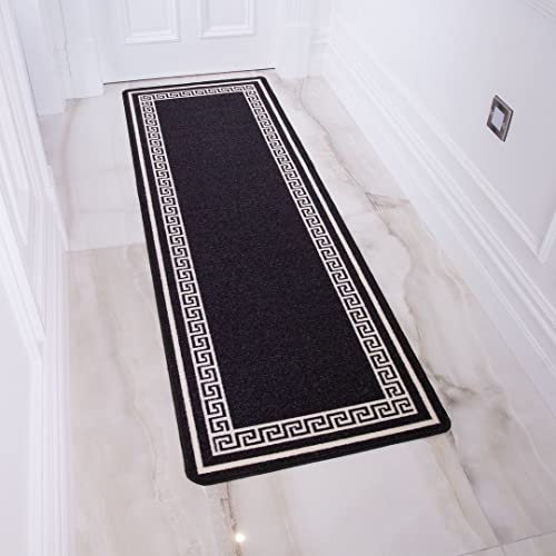 The Rug House Black Geometric Washable Striped Non-Slip Long Runner Door Mat Indoor Dirt Trapper Anti Slip Floor Carpet Rugs 66cm x 200cm