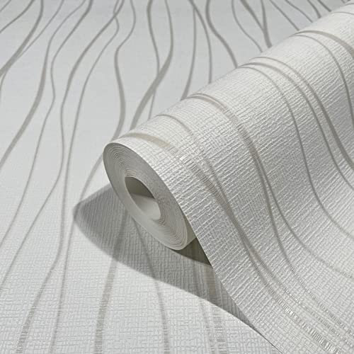 marburg Papel pintado líneas blanco Moderno para dormitorio o salón fabricado en Alemania 10,05 x 0,53m