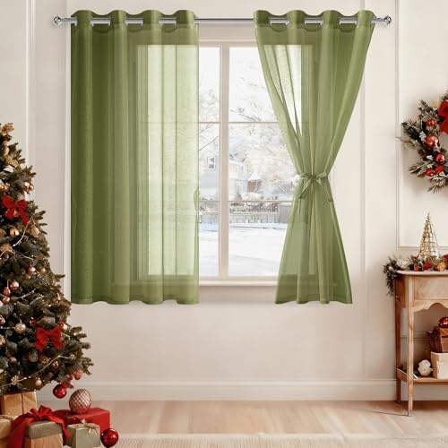 DWCN Gardinen mit Ösen Sheer Voile Vorhänge Kurz Ösenvorhang 2er Set | Olivgrün, 137x140cm(HxB), Vorhang mit Vorhang-Krawatten Tül Perde Schienensystem Vorhänge für Wohnzimmer, Schlafzimmer