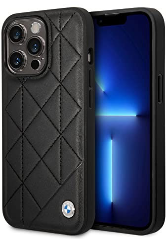 BMW Schutzhülle für iPhone 14 Pro Signature Collection in Schwarz gestepptes Muster, Echtleder Schutzhülle & Strapazierfähige Hülle mit Einfachem Snap-on, Stoßdämpfung & Signature Logo
