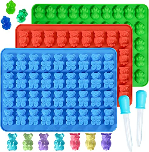 Webake Silikonform Gummibärchen Form Silikon 3 Stück Frosch Schokoladenform Eule Backform Antihaftbeschichtete Gummiform mit 2 Pipetten für DIY Süßigkeiten, Gelee, Kekse, Schokolade, Eiswürfel