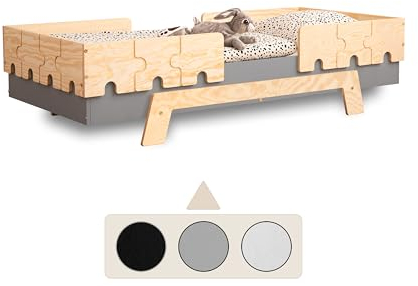 smartwood Kinderbett mit Lattenrost und Rausfallschutz Puzzle BR2 Montessori einzelbett für Jungen und Mädchen - Bett aus Kiefer Sperrholz mit Rausfallschutz und Lattenrost - Grau - 100x200cm