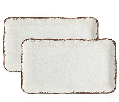 LEHAHA Farmhouse Große Servierplatten, 2-teiliges Melamin-Geschirr-Set, 44,5 x 25,4 cm, Vintage-Serviertablett, rechteckig, weiß, rustikale Tabletts, 2 Stück