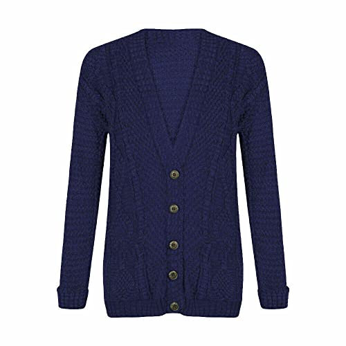 LUXFAB New Womens Everyday Long Sleeve Button Top Ladies Chunky Aran Cable Knit Grandad Cardigan UK Size 8-26 Navy