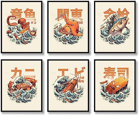 Japanische Wandkunstdrucke, Set mit 6 Sushi-Postern, Anime-Illustration, Wanddekoration, japanisches Essen, Bild, Foto, lustig, Cartoon, Leinwand, Kunst, Gemälde für Wohnzimmer, Esszimmer, Küche,